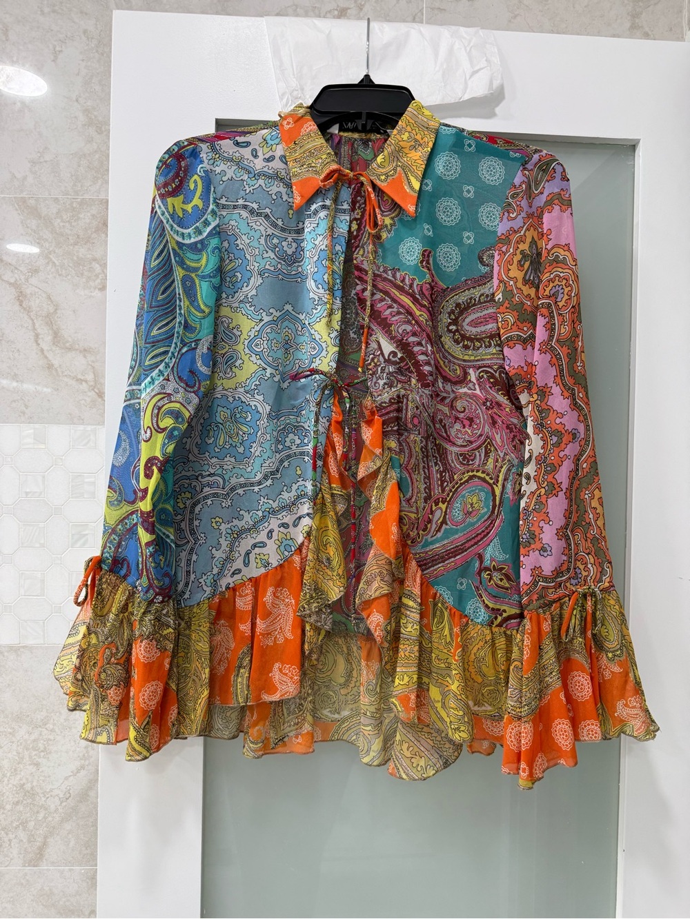 Zara Multicolor Paisley Patchwork Ruffle Tie-Neck Blouse